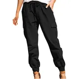 StarTreene Damen Cargo-Hose Lang mit Taschen Hosen Mode Loose Casual Freizeithose mit Gummizug Baumwolle Stoffhose Hohe Taille Arbeitshose Militärhose - 38