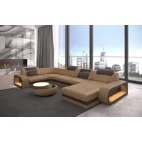 Sofa Dreams Wohnlandschaft Ledercouch Sofa Leder Berlin U Form Ledersofa, Couch, mit LED, wahlweise mit Bettfunktion als Schlafsofa, Designersofa beige|braun|gelb
