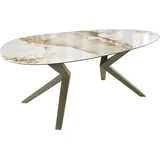 DeLife Esstisch Edge, Oval Keramik Minas Melange Weiß-Beige 220x120 Zenthara kantig Metall E beige 220 cm x 76 cm x 120 cm