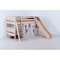 Natur24 Kinderbett Kinder-Hochbett Castello 90x200cm Buche Natur lackiert Leiter Rutsche braun