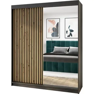 mebloland Schwebetürenschrank MIT, Kleiderschrank 120 cm mit Spiegel - Holzlamellen Schwarz,