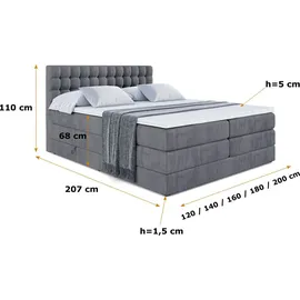 altdecor Boxspringbett VIONE KING - 160 x 200 - H3/H4 - Dunkelgrau