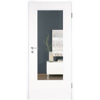 Kilsgaard Zimmertür mit Glas weiß Typ 42/LA lackiert Zimmertür hell ähnlich RAL 9010, DIN Links, 735x1985 mm,Chinchilla (ESG),eckige Kante