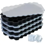 Relaxdays Silikon Eiswürfelform, 4er Set, wiederverwendbar, Silikonform, 37 sechseckige Eiswürfel, mit Deckel, schwarz