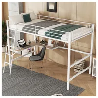 XDeer Hochbett Hochbett,Bettgestell Metallbett, Eisenbett, Hochbett mit L-förmigem Schreibtisch und einem Regal für Kinder,Ohne Matratze