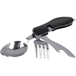 Toolbrothers 4 in 1 Multifunktions - Besteck Set in schwarz aus Löffel, Messer, Gabel, Flaschenöffner Campingausrüstung, faltbar, leicht zu reinigen