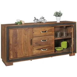 KADIMA DESIGN Rustikales Sideboard, Sheesham Massivholz, Kunstleder, 160x44x80 cm