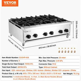 Vevor Kommerzieller Gasherd Gaskochherd mit 6 Gaskochfelder, Propan / Erdgas-Kochherd Edelstahl-Gaskochplatte, kommerzielles Kochgerät 915 x 775 x 335 mm für Restaurants Hotel Café 42 kW