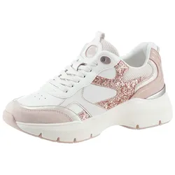 Keilsneaker TAMARIS, Damen, Gr. 38, weiß kombi, rose glitzer, Ziegenveloursleder, Textil, Lederimitat, kontrastfarbene Details, sportlich, Schuhe, Plateau, Freizeitschuh, Schnürschuh mit kontrastfarbenen Details