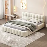 Erwachsenenbett 160x200cm Leinen mit weicher Rückenlehne, Flachbett mit Lattenrost, Beige - Beige