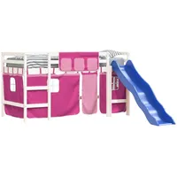 Goldicoo Kinder Hochbett mit Vorhänge & Rutsche – Rosa Blau Schwarz – 80x200 90x190 90x200 – Massivholz Kiefer – Spielbett Kinderbett für Jungen und Mädchen