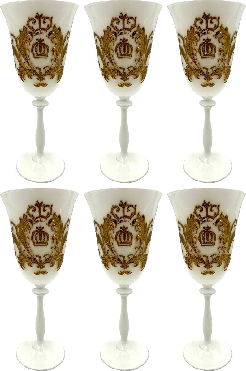 Pompöös by Casa Padrino Luxus Barock Weinglas Set Weß / Gold Ø 8,7 x H. 20,3 cm - Weingläser mit 24 Karat Vergoldung - Pompööse Weingläser designed by Harald Glööckler - Luxus Designer Weingläser