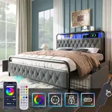 Polsterbett Doppelbett mit aufladen USB Type C Ladefunktion APP-Control LED Bettgestell Metallbett 140×200 Bettrahmen und 4 Schubladen, Samt (Ohne... - Grau