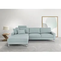 Ecksofa 3C CANDY "Lecce, wahlweise PUR-Schaumstoff oder Tonnentaschenfederkern", blau (hellblau), B:281cm H:86cm T:194cm, 100% Polyester, Sofas, Bett im 2,5-Sitzer, teilmotorische Schlaffunktion im Longchair, L-Form