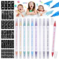 Huiguli 10 Farben Temporäre Tattoostifte Set, 12 Tattoo-Schablonen, Wasserfeste Schweißfeste Körpermarker für Kinder, und Erwachsene, Halloween Partybedarf
