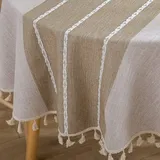 Tischdecke Im Landhausstil Mit Robuster Pomponborte (rund, 152 Cm, Leinen). Staubdichte Tischdecke Aus Baumwolle Und Leinen Für Die Dekoration Des Küchentisches.