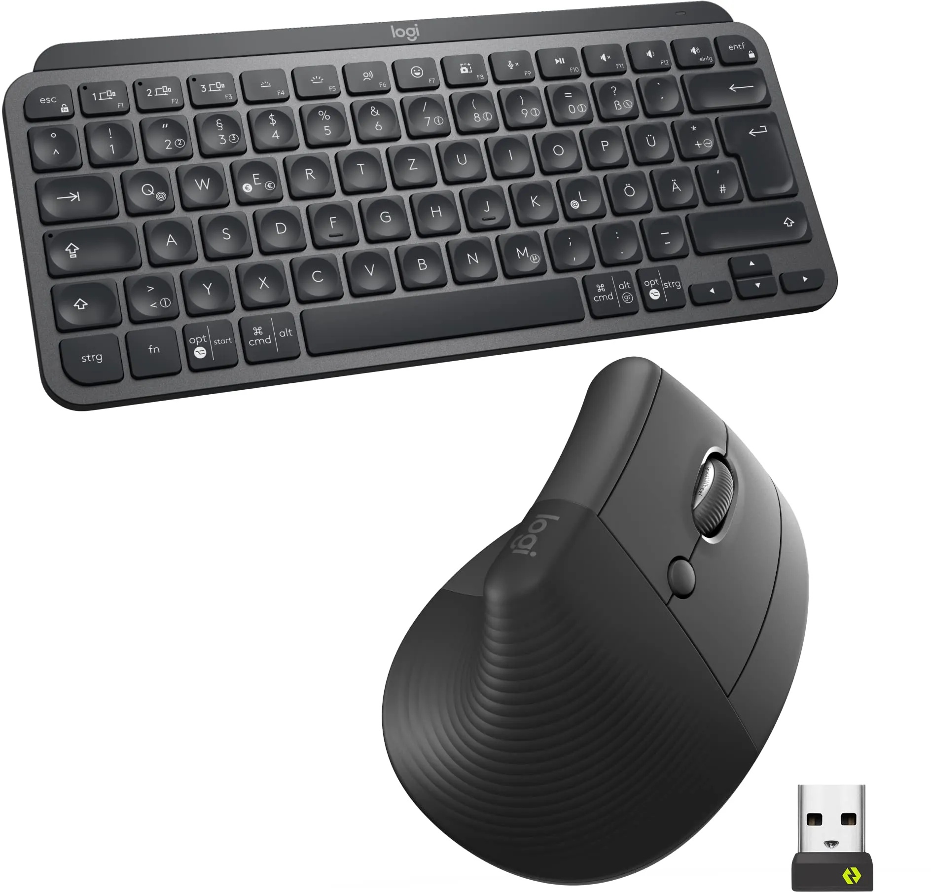 Logitech MX Keys Mini Tastatur und Lift vertikale ergonomische Maus – kabellos, beleuchtete Tasten, Bluetooth/Logi Bolt USB-Empfänger, leise, Windows/macOS/iPadOS, Notebook, PC, QWERTZ DEU - Grau