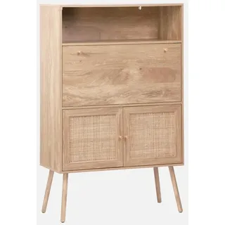 sweeek - Schreibschrank / Sekretär, 2 Türen und Regale, Holzeffekt und Rohrgeflecht Natur