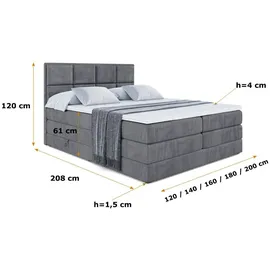 altdecor Boxspringbett mit 2 Matratzen und Topper - 180x200 cm - NOVA KING - Dunkelgrau Samt - Polsterbett mit, H3- und H4- Matratzen, Bettkasten u... - Dunkelgrau
