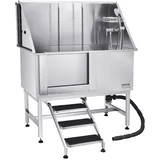 Vevor Hundewaschstation Edelstahl, 1270x700x1545 mm Tierpflegewanne mit Treppe, PE-Wasserfilterplatte, Wasserhahn, Duschkopf & Seifenhalter, für große, mittelgroße & kleine Haustiere (linke Tür)