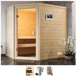 welltime Sauna Juli, BxTxH: 195 x 145 x 187 cm, 38 mm, 3,6-kW-Bio-Plug & Play Ofen mit ext. Steuerung beige
