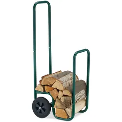 Relaxdays Kaminholzwagen, 2 Gummireifen, Holzwagen bis 60 kg, für gängige Holzscheite, Brennholz-Sackkarre, Stahl, grün