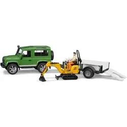 BRUDER 02593 Land Rover Defender, Einachsanhänger, JCB Mikrobagger und Bauarbeiter