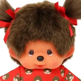 Magni Monchhichi Mädchen, mit Monchichikleid und Schleifen, ca. 20 cm großes Kuscheltier aus braunem Plüsch