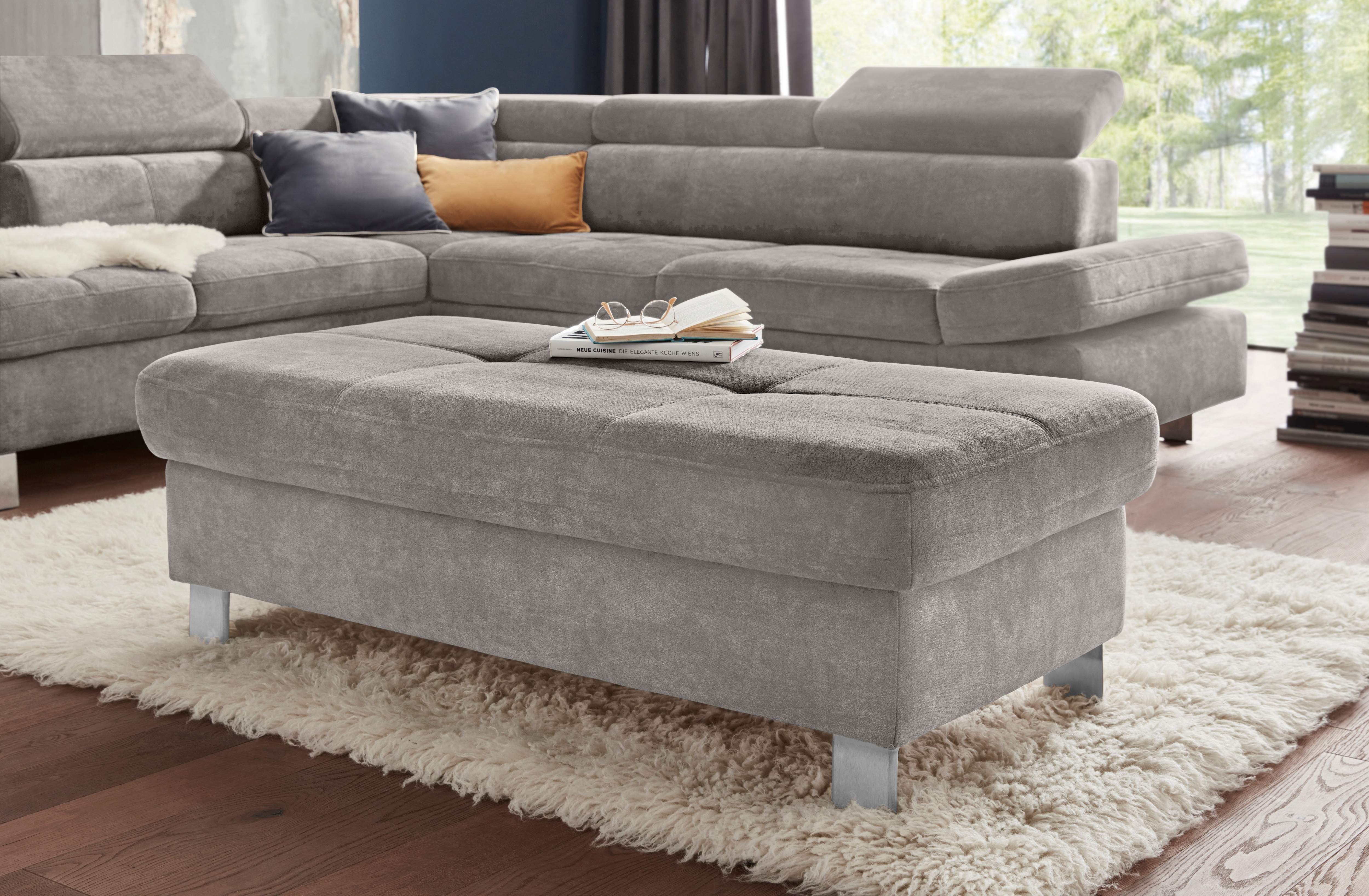 Hocker EXXPO - SOFA FASHION Gr. B/H/T: 116 cm x 45 cm x 70 cm, Webvelours, grau (stone) Polsterhocker Hocker