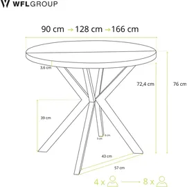 WFL GROUP Runder Ausziehbarer Esstisch - Loft Style Tisch mit Weißen Metallbeinen - 90 bis 170 cm - Industrieller Tisch für Wohnzimmer - Kompakt - 90 cm - Weiß