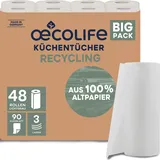 oecolife Küchentücher RECYCLING, 48 Rollen á 90 Blatt, Kurzblatt, Küchenrollen, nachhaltig, Haushaltsrollen, Allzwecktücher, Papiertücher, Papierhandtücher, Küchenpapier