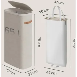 Songmics Wäschekorb, 65 L Wäschesammler, Wäschetonne mit Deckel und Griffen, 39 x 22 x 75 cm, beige