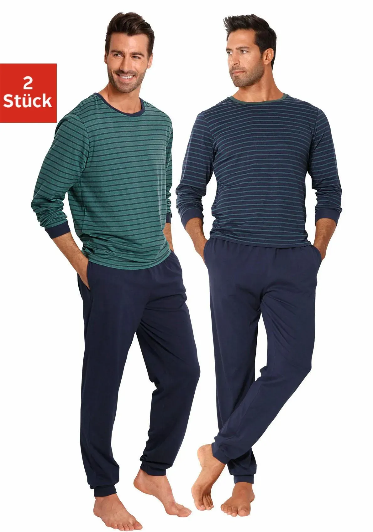Pyjama LE JOGGER, Herren, Gr. 56/58, bunt (petrol, marine), Jersey, Obermaterial: 100% Baumwolle, gestreift, Basic, bequem lang, Rundhals, angesetztes Bündchen, Homewear-Sets Pyjama, Schlafanazug lang im Streifendesign