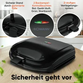 Bomann Sandwichmaker | für viereckige Sandwichplatten | Sandwichtoaster mit Antihaftbeschichtung | Toaster Sandwichtoaster mit Backampel | Sandwich Maker bis zu 820 W schwarz
