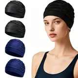 4 Stück Badekappen Damen, Atmungsaktiv Schwimmkappe, Extra Große Badehaube Für Lange Haare, wasserdichte Silikon-Badehaube, Elastische Polyester-Stoff, Schwimmhaube, Faltenoptik, Chlorbeständig