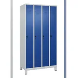 C+P Spind Classic PLUS, Füßen, 4 Abteile, HxBxT 195x100x50cm, Sicherheitsdrehriegel, Hellgrau/Enzianblau von PROREGAL