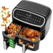 circlio Doppelter Heißluftfritteuse mit Sichtfenster, 10L(4Lx6L) 2600W Kapazität Doppel Airfryer, 12-in-1 Programme, Air Fryer mit Touchscreen, Gesunde Öl- und Fettarme Zubereitung-Cooki G10 Pro