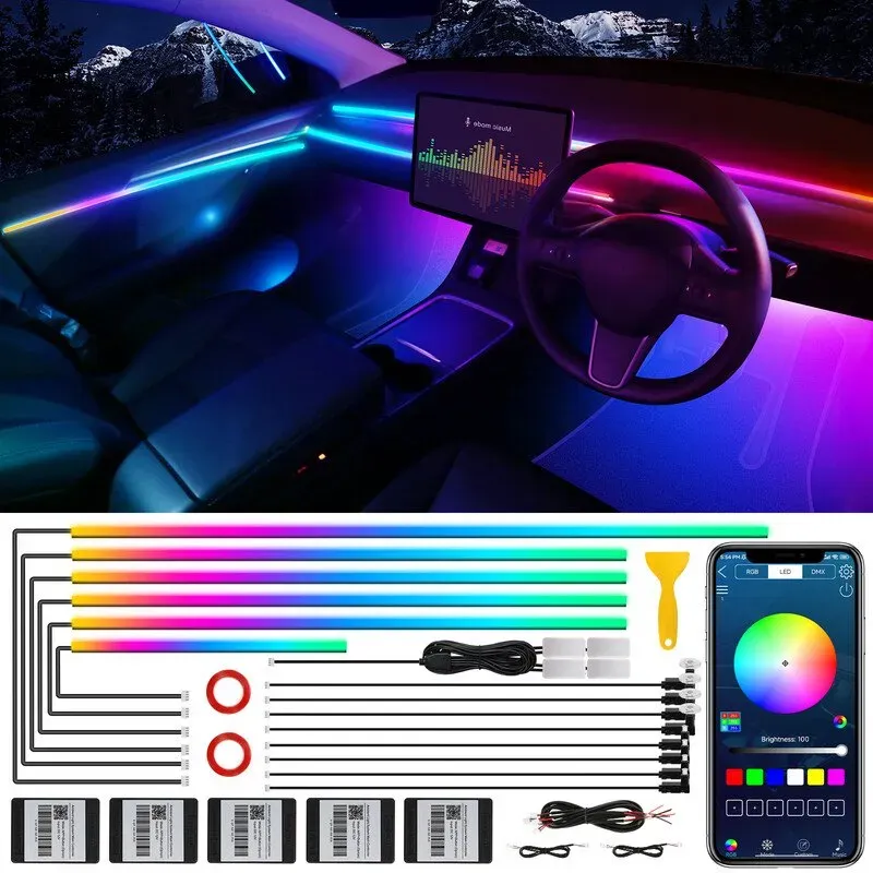 Dreamcolor Acryl LED‐Streifen für den Innenraum des Autos mit kabelloser App‐Steuerung, RGB 18‐in‐1, 175 Zoll, 593 LEDs, Faseroptik‐Streifen, Neon‐Ambient‐Lighting‐Set mit dynamischem Lauf‐Effekt und Musik‐Synchronisierung