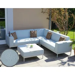 Mendler Alu-Garten-Garnitur HWC-C47, Sofa, Outdoor Stoff/Textil ~ blau mit Ablage, Kissen braun