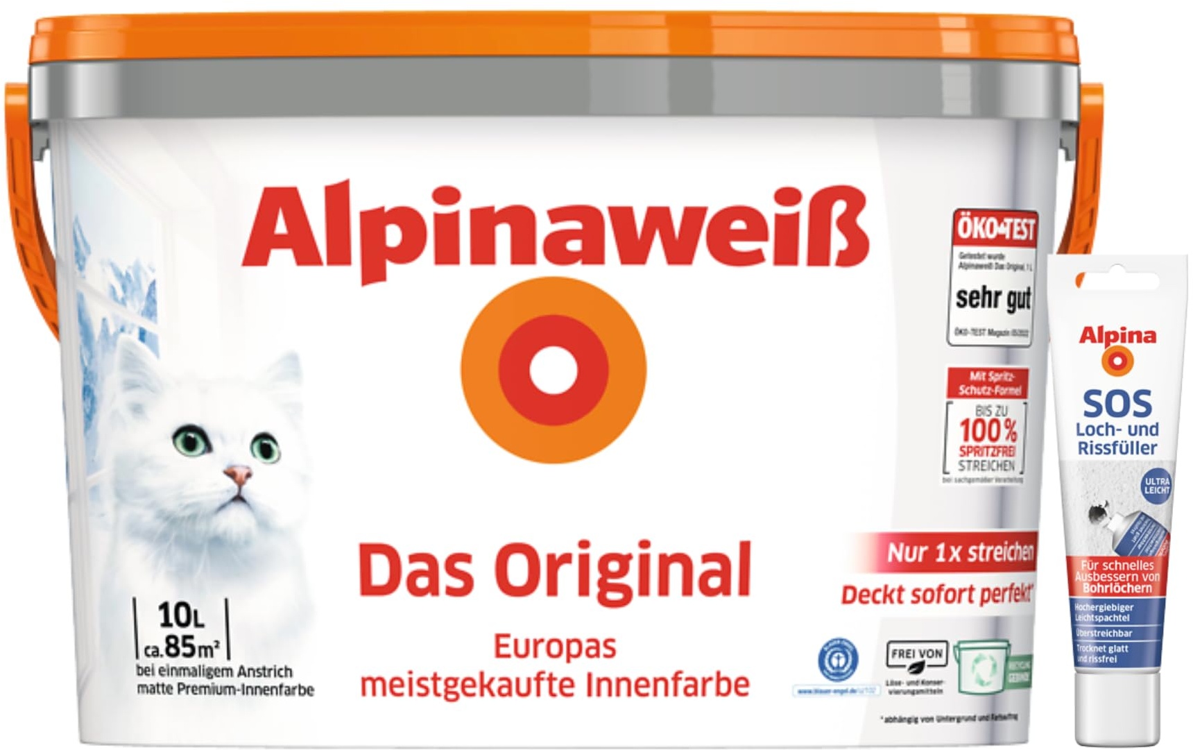 Alpinaweiß Das Original – optimal deckende und ergiebige weiße Wandfarbe – mit Spritz-Schutz-Formel – inkl. SOS Loch- und Rissfüller - 10 Liter