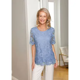 GOLDNER Kurzarmbluse Festliche Bluse aus edler Spitze Blau 52