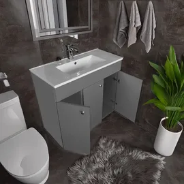 paplinskimoebel Waschbecken mit Unterschrank IGA Waschtischunterschrank, Stehend Eckig, Keramik, Badmöbel Set Waschplatz (Graphit, 80 cm) | Grau