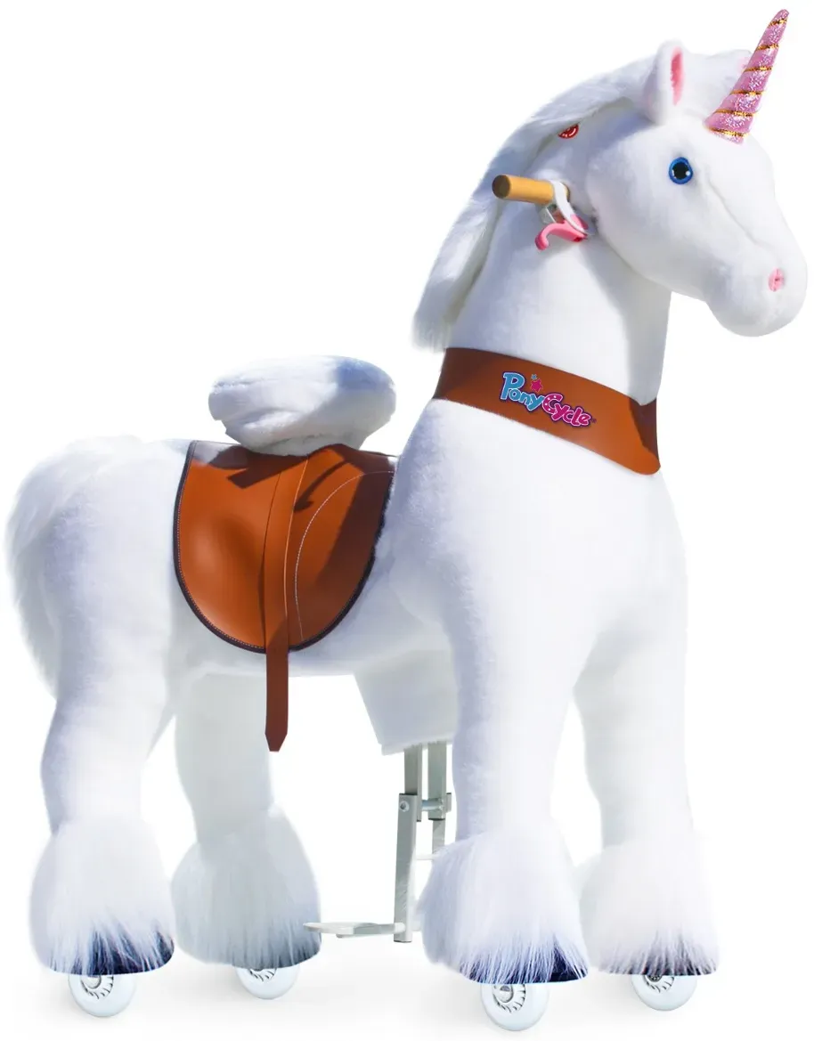 PonyCycle Einhorn Rutschfahrzeug Kinder M/L Weiß Plüsch - Handbremse, weiche Gummireifen, realistische Geräusche