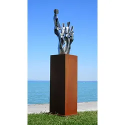 Casa Padrino XXL Garten Deko Metall Skulptur Freunde auf Säule Silber / Rost H. 182 cm
