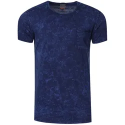 Herren T-Shirt mit Brusttasche Baumwoll-Shirt mit Musterung Rundhals-Shirt R-15283 Blau - XL
