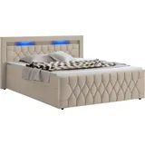 Juskys Boxspringbett Leona Samt 180x200 cm in Beige – mit LEDs, Topper & H4-Federkern-Matratzen