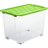 Rotho Aufbewahrungsbox EVO Safe mit Rollen und Deckel 65 L transparent/grün