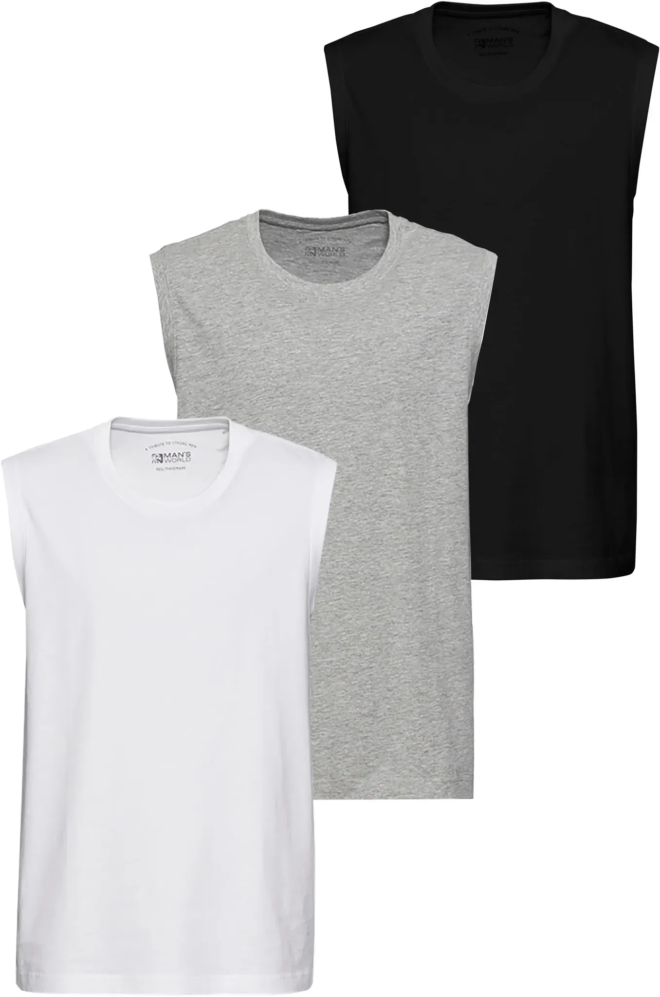 Muscleshirt MAN'S WORLD, Herren, Gr. XXL (60/62), schwarz-weiß (shwarz, weiß, grau), Single Jersey, Obermaterial: 100% Baumwolle. Obermaterial Melange: 90% Baumwolle, 10% Viskose. Obermaterial weiß: 100% Baumwolle, unifarben, Basic, normal, Rundhals, ohne Ärmel, Shirts, ärmellos, Basic-Stil, unifarben, Rundhalsausschnitt