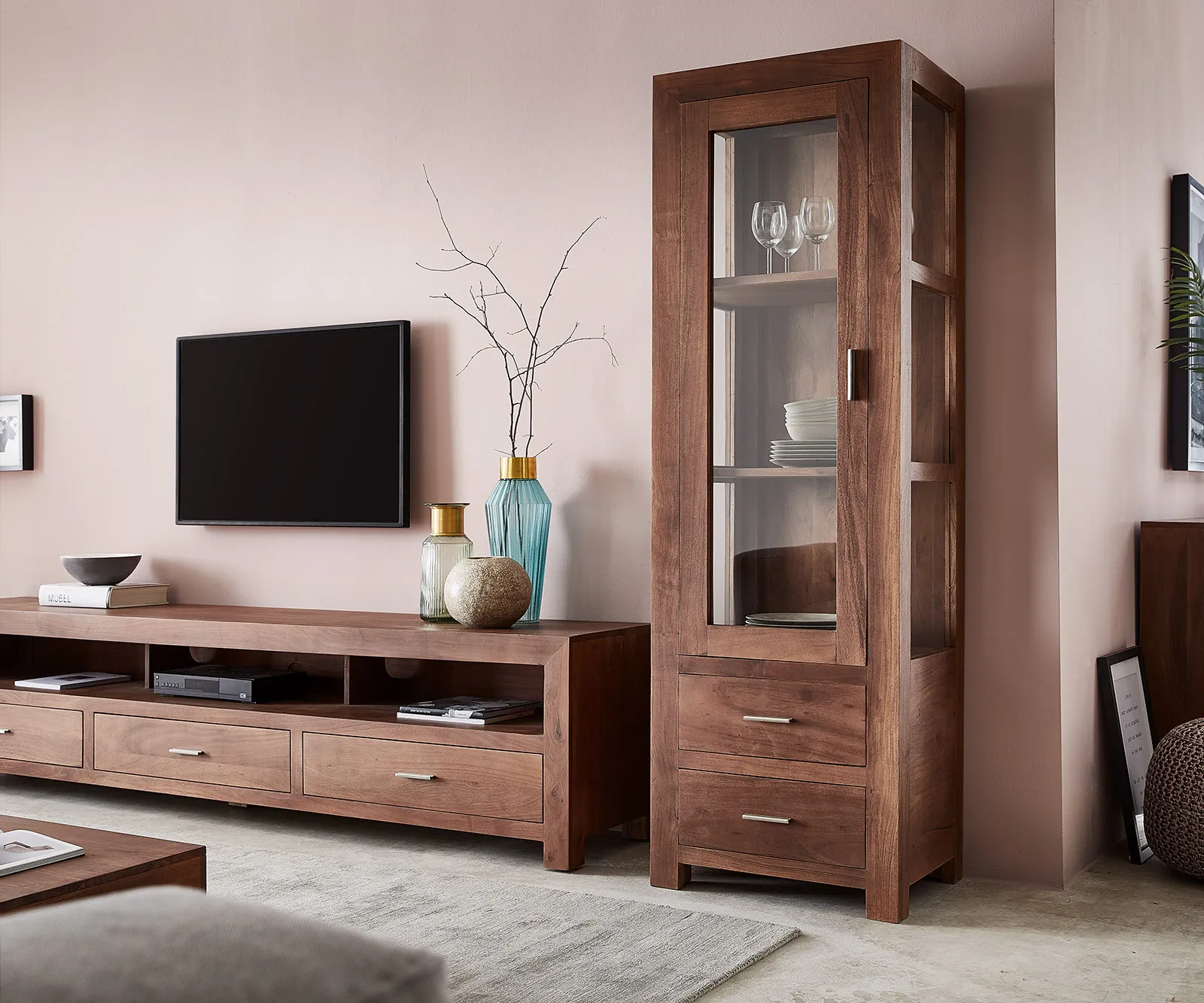 DELIFE Buffet Indra acacia marron vitré avec 2 tiroirs 1 porte, Vitrines