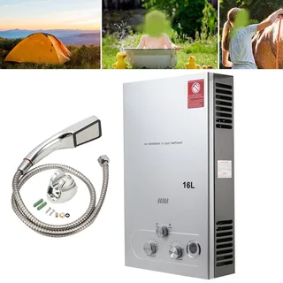 ECUTEE 16L 32KW Flüssiggas Durchlauferhitzer LPG Warmwasserbereiter, Tankless Instant Heißwasserbereiter mit Galvanisierter Duschkopf und Duschschlauch, für Outdoor-Camping-Baden und RV-Dusche, Silber